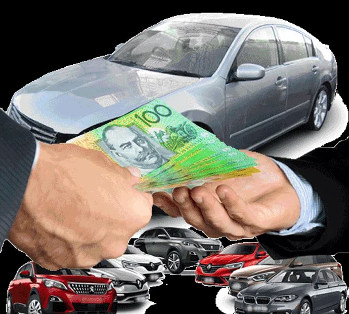 In front of a car, one man hands cash to another, representing Quick Cash for registered Cars in Brisbane.